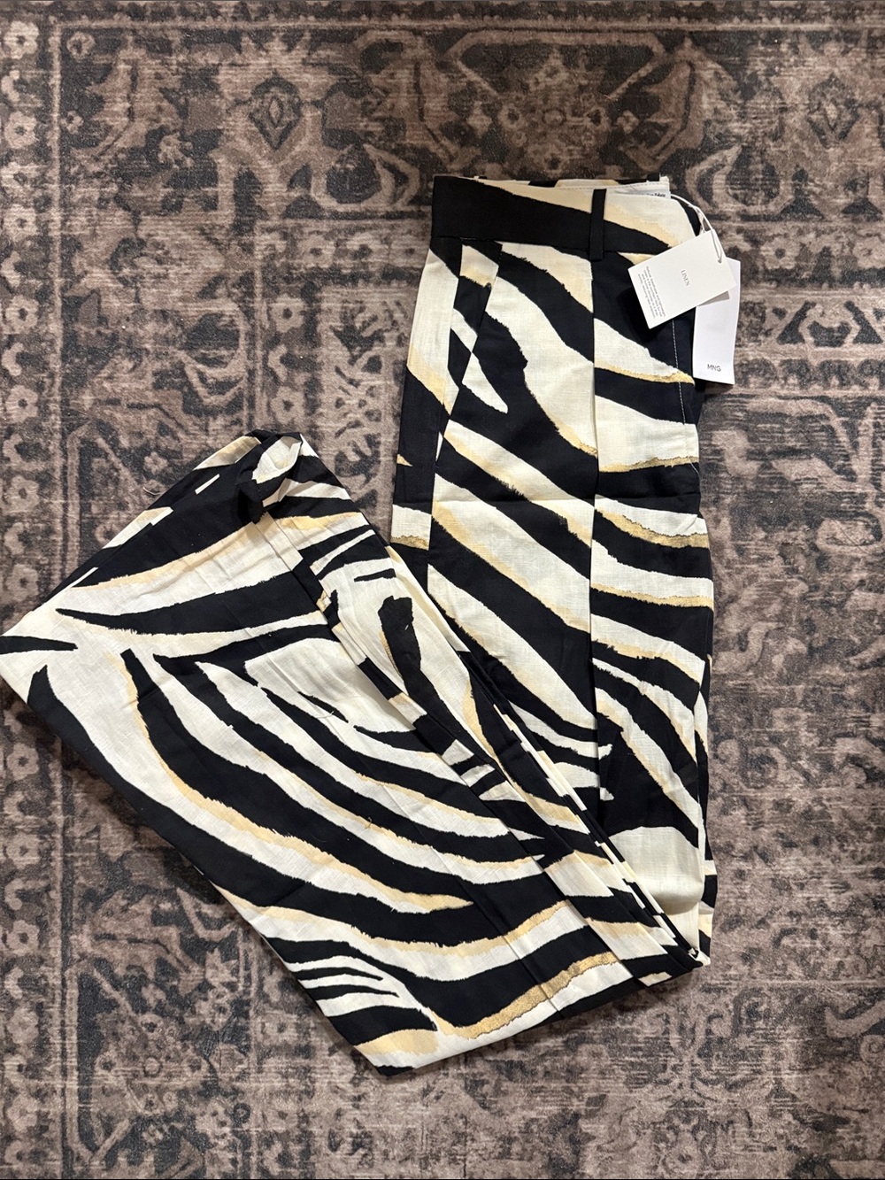 MANGO Linen Wide Leg Zebra-Print Trousers